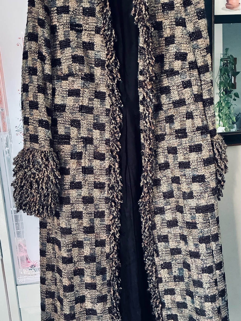 Escada Black and Cream Fringe-Trim Checkered Long Coat